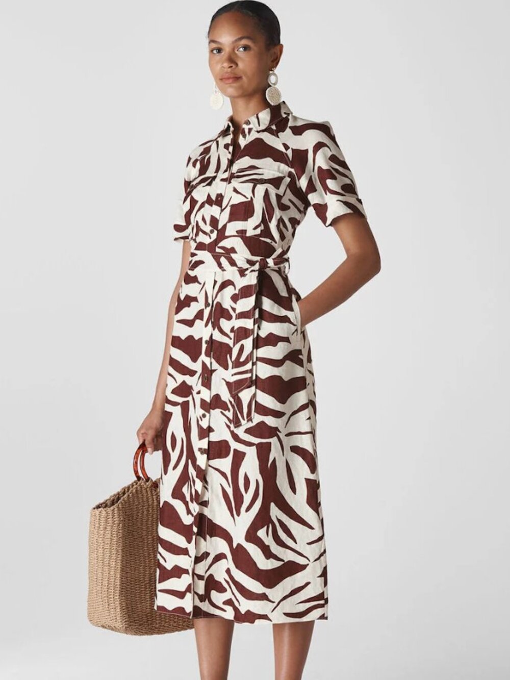 Whistles Linen Brown Cream Zebra Relaxed Fit Short Sleeve Shirt Midi Dress, sz 6